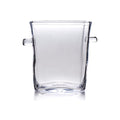Clear glass ice bucket with two handles and tapered square shape.