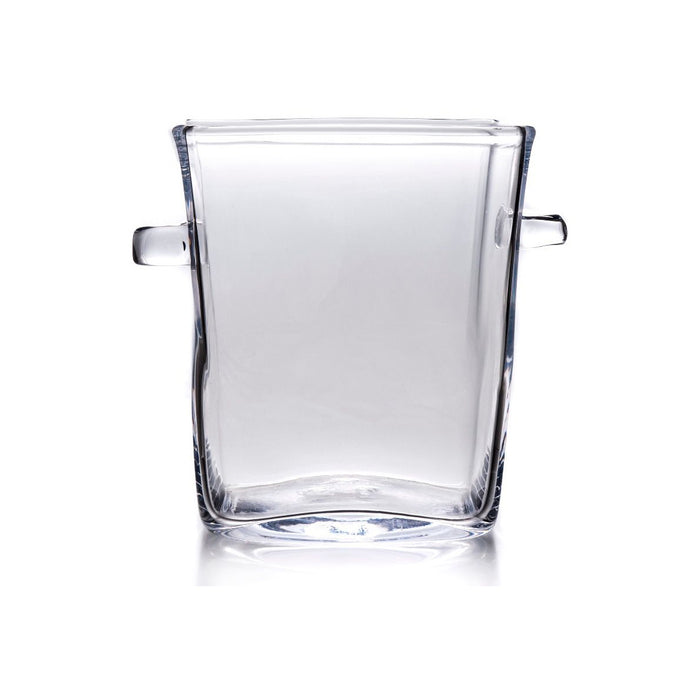 Clear glass ice bucket with two handles and tapered square shape.