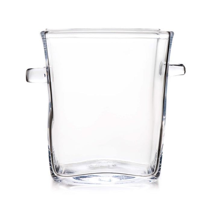 Clear glass ice bucket with two handles on sides and slightly tapered cylindrical shape.