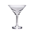 Clear martini glass with wide triangular bowl, thin stem, and round base.