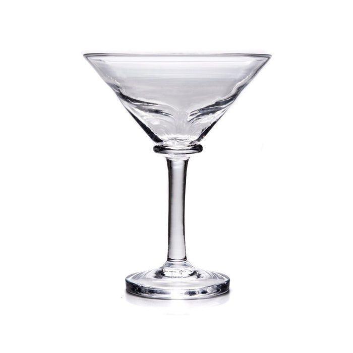 Clear martini glass with wide triangular bowl, thin stem, and round base.