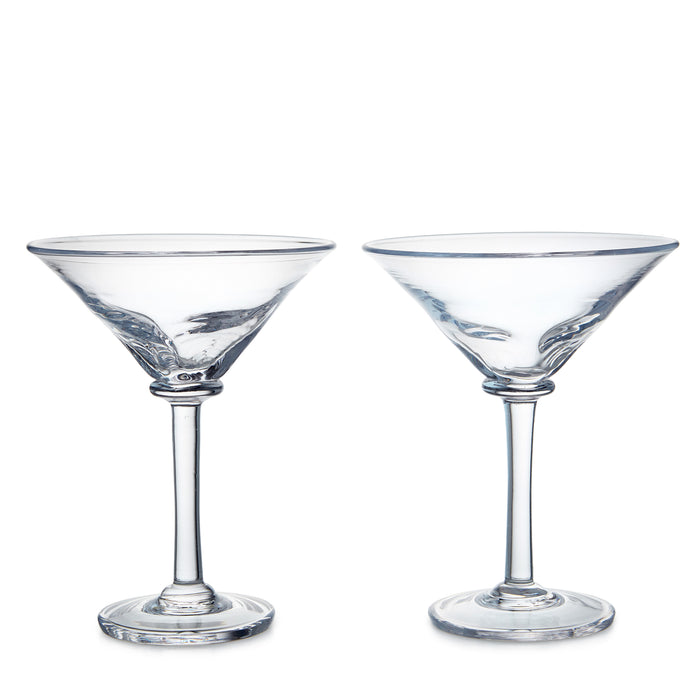 Two clear glass martini glasses with wide bowl-shaped tops and stem bases.