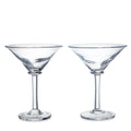 Two clear glass martini glasses with wide bowl-shaped tops and stem bases.