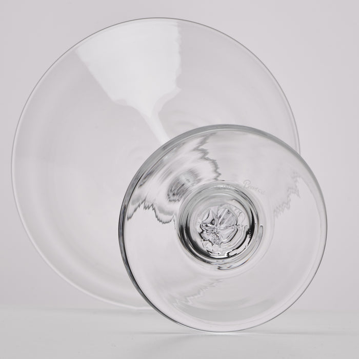 A clear glass bowl with a wide rim and a small pedestal base, photographed on a light gray background.