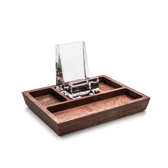 Walnut wooden caddy with multiple compartments and clear acrylic phone holder stand.