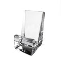 Clear acrylic phone holder with angled back panel and front slot for device placement.