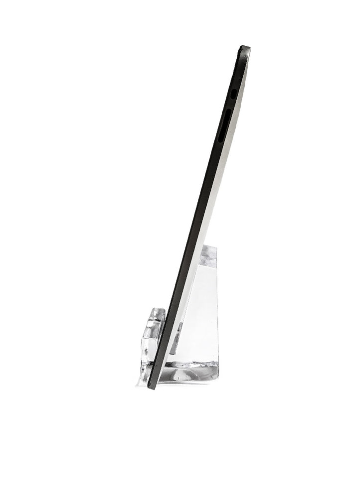 Black and clear plastic phone holder with angled stand and gripping slot for device support.