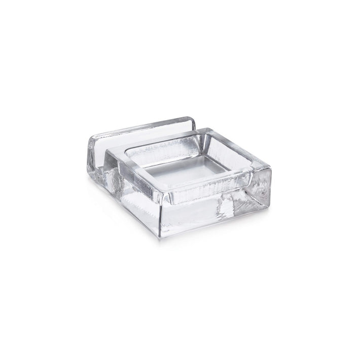 Clear acrylic phone valet with metal tray and handle for organizing personal items.