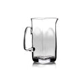 Clear glass pitcher with curved handle and tapered rectangular body.