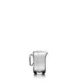 Clear glass pitcher with a curved spout, handle, and slightly tapered rectangular body.