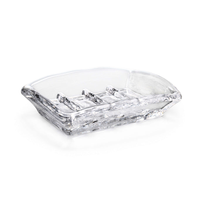Clear glass soap dish with textured wood-grain pattern and sloped sides with drainage grooves.