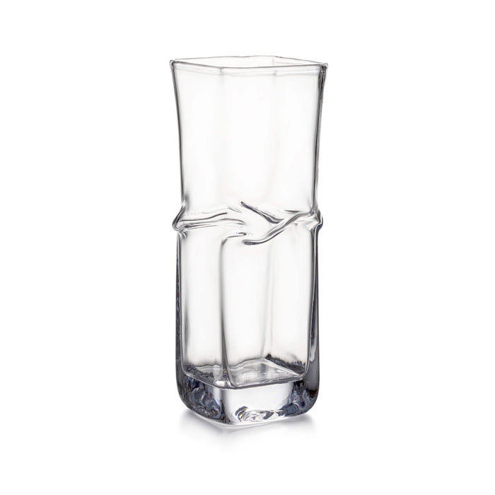 Clear glass vase with twisted band detail at center and square base.