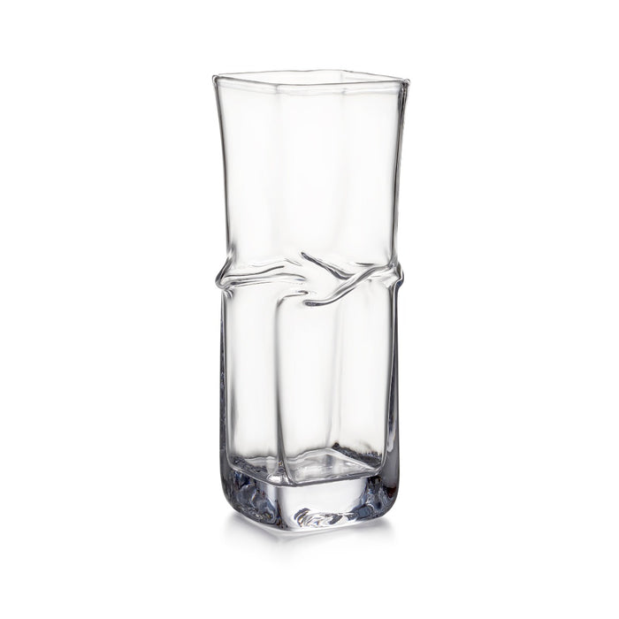 Clear glass vase with twisted band detail around the middle and rectangular opening at top.