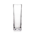 Clear glass cylinder vase with straight sides and rounded top opening.