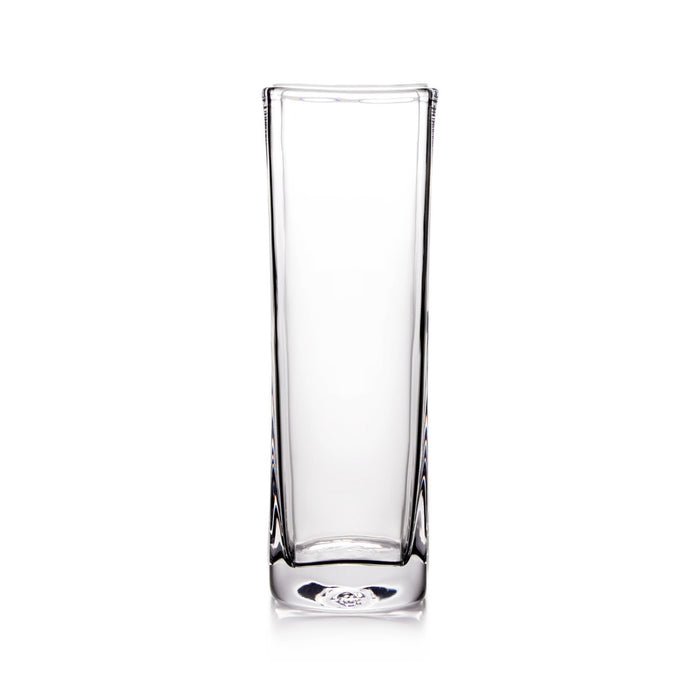 Clear glass cylinder vase with straight sides and rounded top opening.