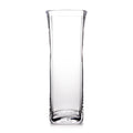 Clear glass cylindrical vase with slightly curved sides and flat rim, suitable for tall flower arrangements.