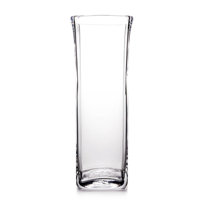 Clear glass cylindrical vase with slightly curved sides and flat rim, suitable for tall flower arrangements.