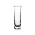 Clear glass vase with tall cylindrical body and weighted base.