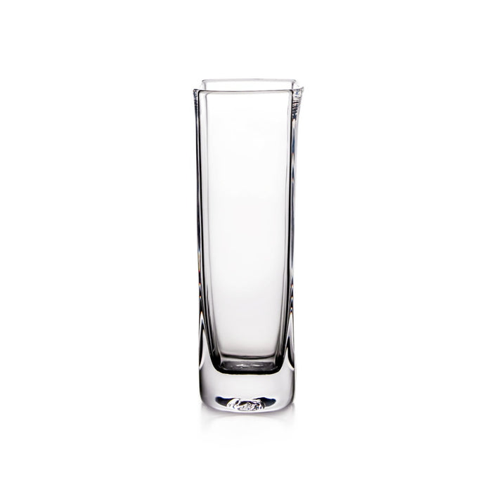 Clear glass vase with tall cylindrical body and weighted base.