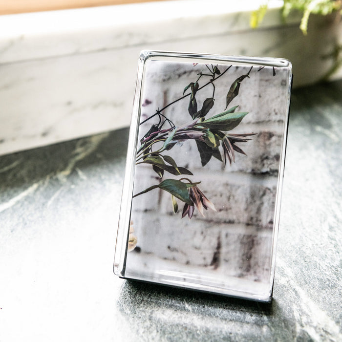 Clear acrylic photo block with vertical orientation displaying botanical print of branches with green and burgundy leaves.