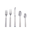 Five-piece flatware set with two forks, knife, and two spoons in stainless steel with rectangular handles.