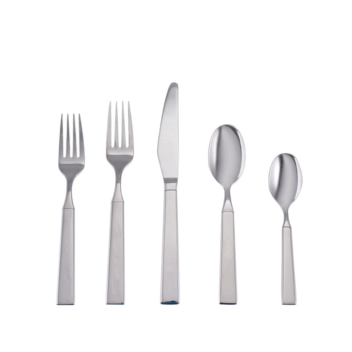 Five-piece flatware set with two forks, knife, and two spoons in stainless steel with rectangular handles.