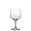 Clear glass wine glass with rounded bowl, thin stem, and circular base.