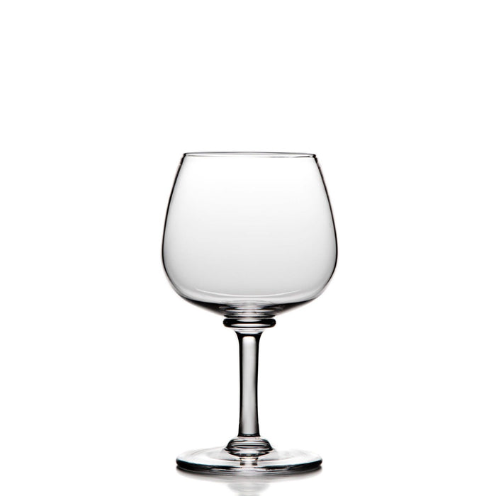 Clear glass wine glass with rounded bowl, thin stem, and circular base.