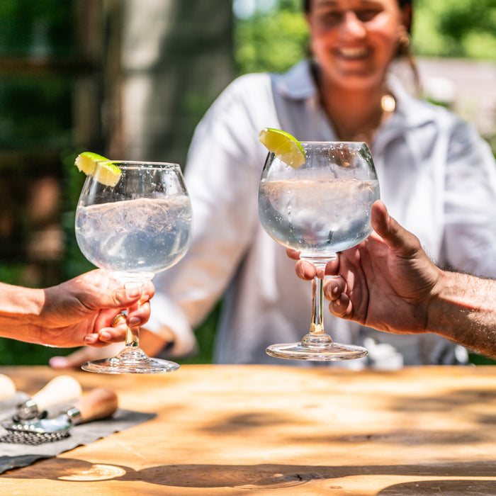 Two clear balloon wine glasses with lemon slices, filled with clear liquid, held by hands outdoors.