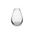 Clear glass bud vase with teardrop shape and rounded rim.