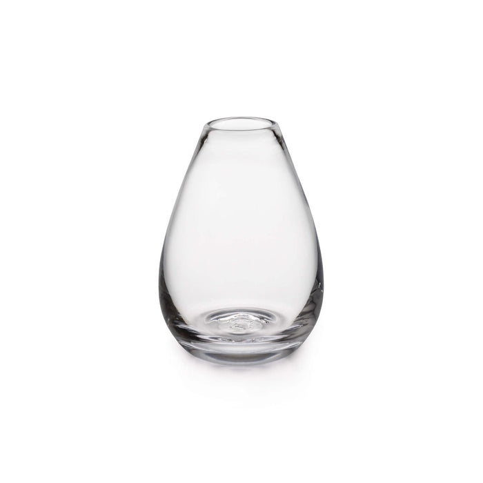 Clear glass bud vase with teardrop shape and rounded rim.