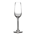Clear glass champagne flute with tapered bowl and slender stem on round base.