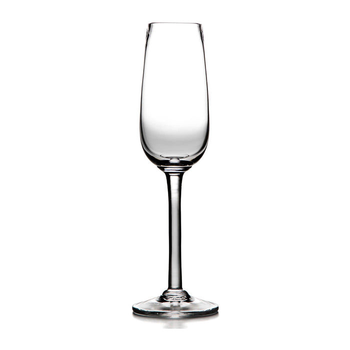 Clear glass champagne flute with tapered bowl and slender stem on round base.