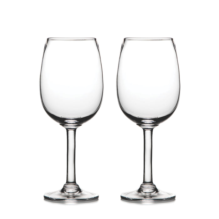 Two clear wine glasses with stemmed bases and rounded bowls.