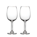 Two clear wine glasses with stemmed bases and rounded bowls.