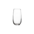 Clear glass tumbler with curved sides and rounded bottom.