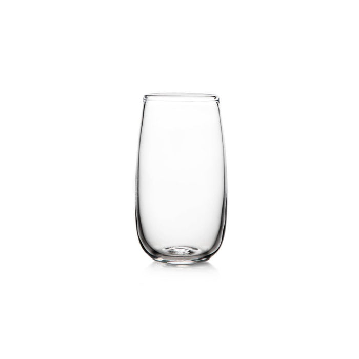 Clear glass tumbler with curved sides and rounded bottom.