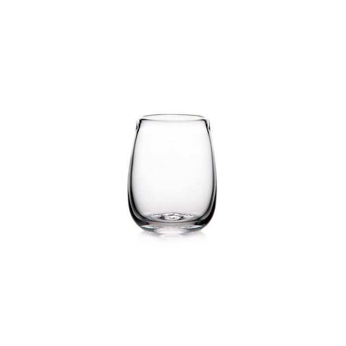 Clear glass tumbler with rounded bowl shape and slightly tapered sides.