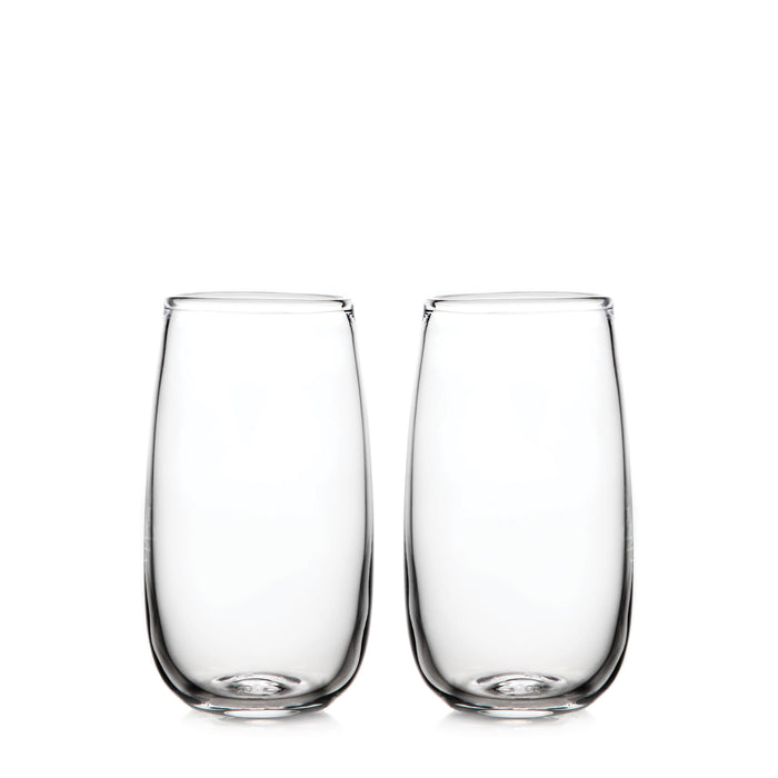 Two clear glass tumblers with curved sides displayed side by side.