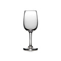 Empty wine glass with clear bowl, thin stem, and round base on white background.