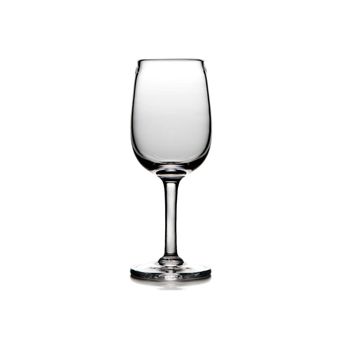 Empty wine glass with clear bowl, thin stem, and round base on white background.
