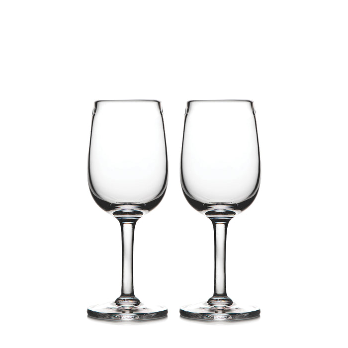 Two clear wine glasses with stem bases on white background.