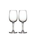 Two clear wine glasses with stem bases on white background.