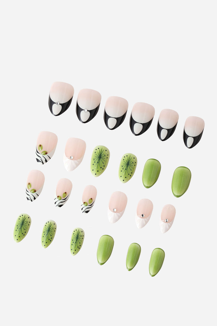 ZEBRATINI short almond press-on nails featuring green kiwi designs, zebra print with olives, and subtle crystal accents.