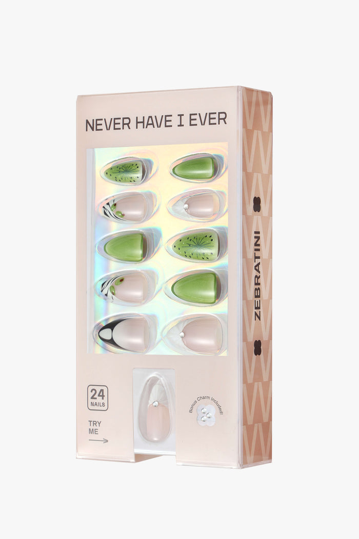 ZEBRATINI short almond press-on nails packaging with kiwi, zebra, and olive designs. Includes "24 NAILS" and "TRY ME".